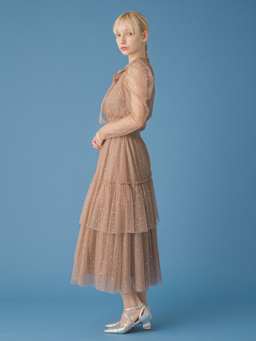 ロングスリーブラメチュールドレス(ロングワンピース)｜ワンピース