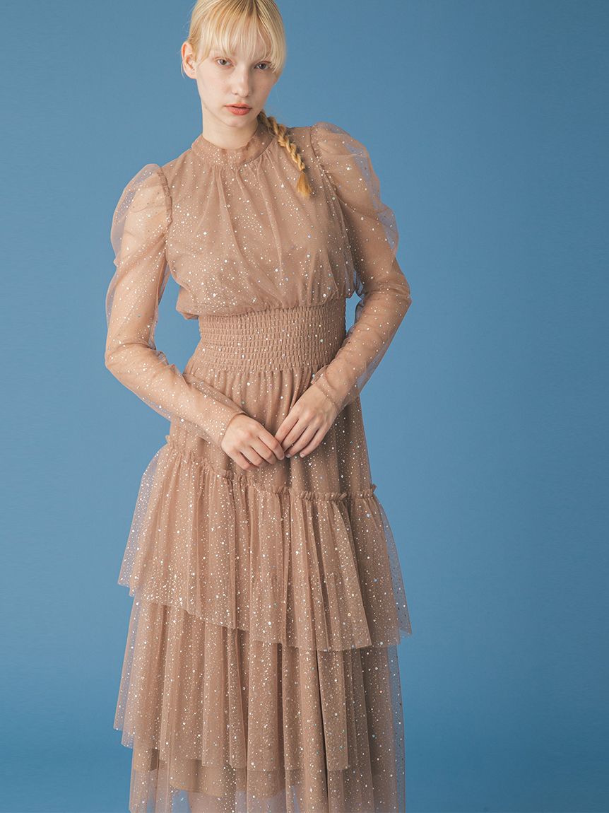 【新品・未使用】FURFUR ラメチュールドレス ロングスリーブ ピンク ロングスリーブラメチュールドレス(ロングワンピース)｜ワンピース