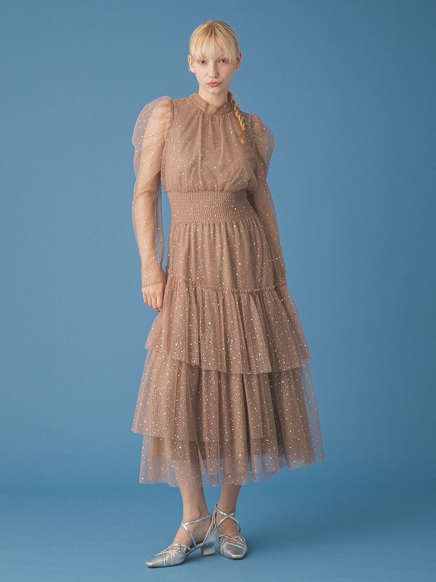 ロングスリーブラメチュールドレス(ロングワンピース)｜ワンピース