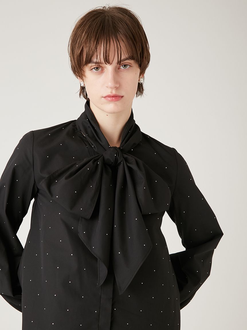 美品☆シルク100%☆ボウタイ付き☆パトゥ☆ブラウス風ブルゾン☆ジッパー☆38号 金具使いバイカラーボウタイスキッパーブラウス