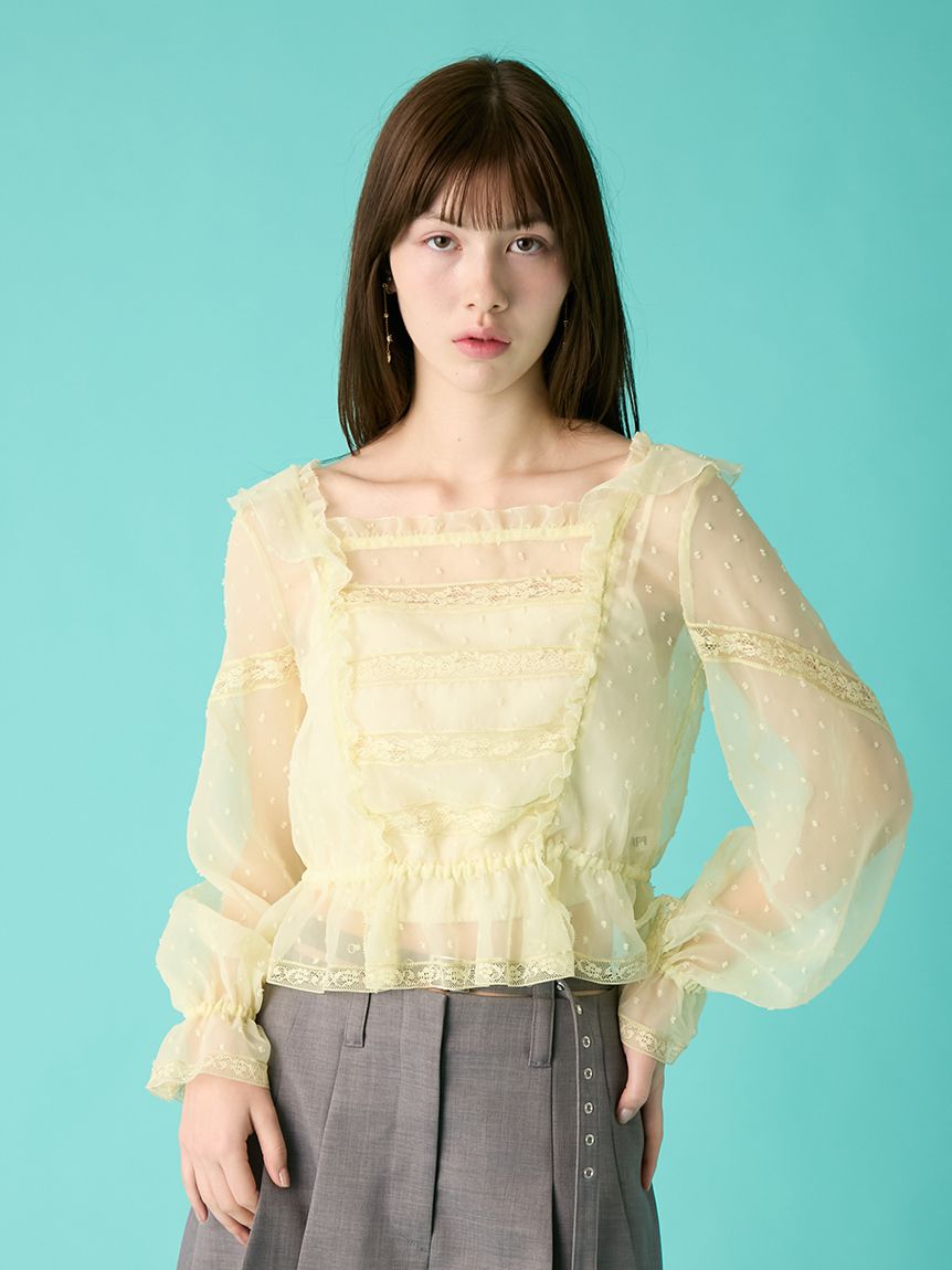 【新品定価23,100円】FURFUR イエローフリルレース半袖トップス レースフリルブラウス(シャツ／ブラウス)｜トップス｜FURFUR（ファー