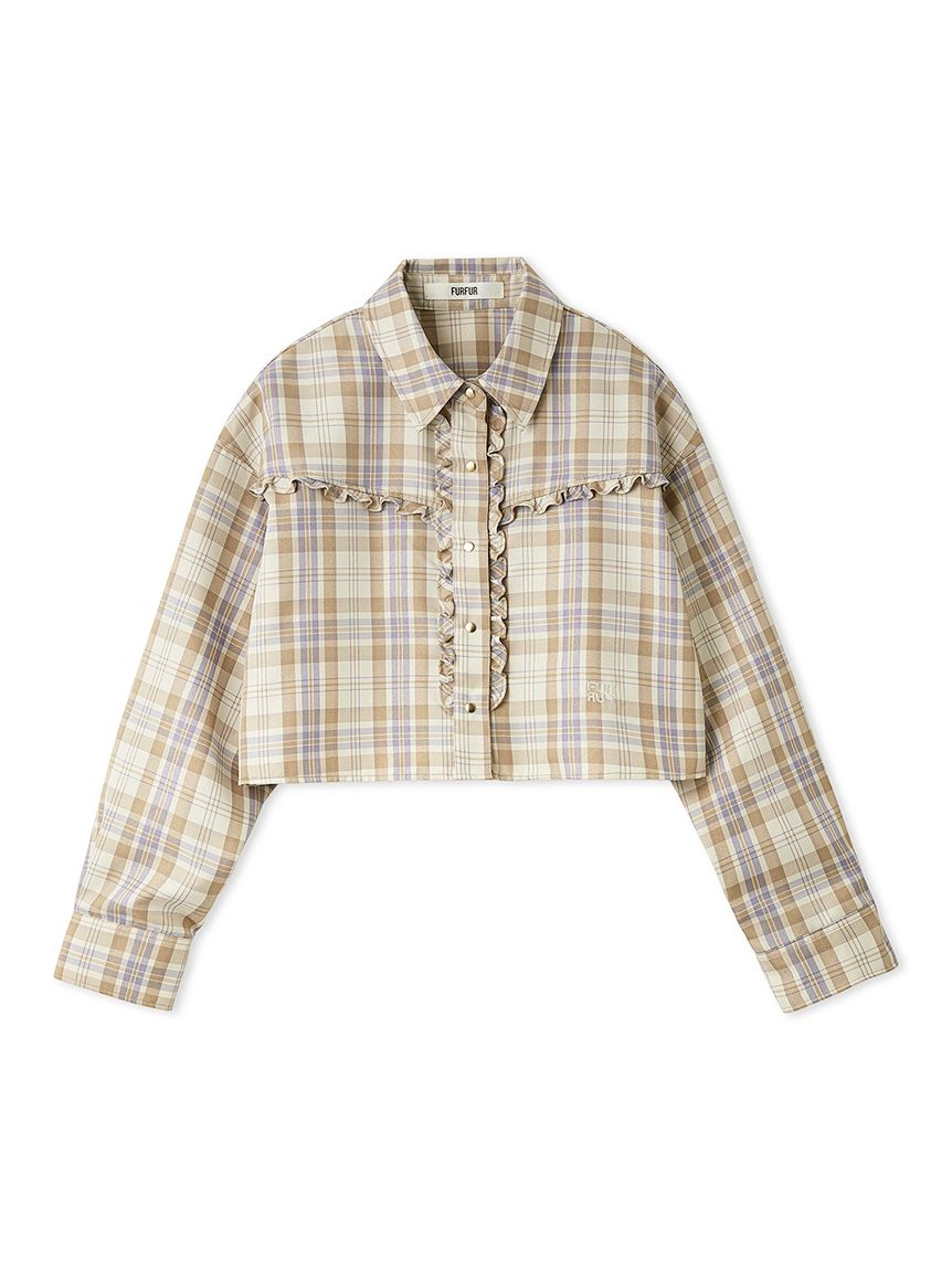 FURFUR ファーファー　ロゴ刺繍フリルシャツ　ブラウン　チェック ロゴ刺繍フリルシャツ(シャツ／ブラウス)｜トップス｜FURFUR（ファー