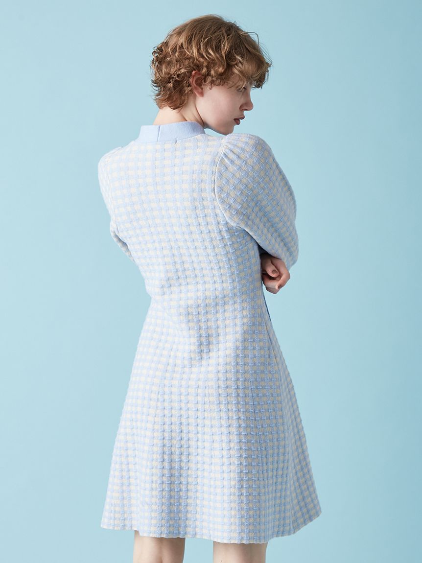 美品FURFUR ニットワンピース　セットアップ　ライトブルー　F ボウタイギンガムニットワンピース(ニットワンピース)｜ワンピース