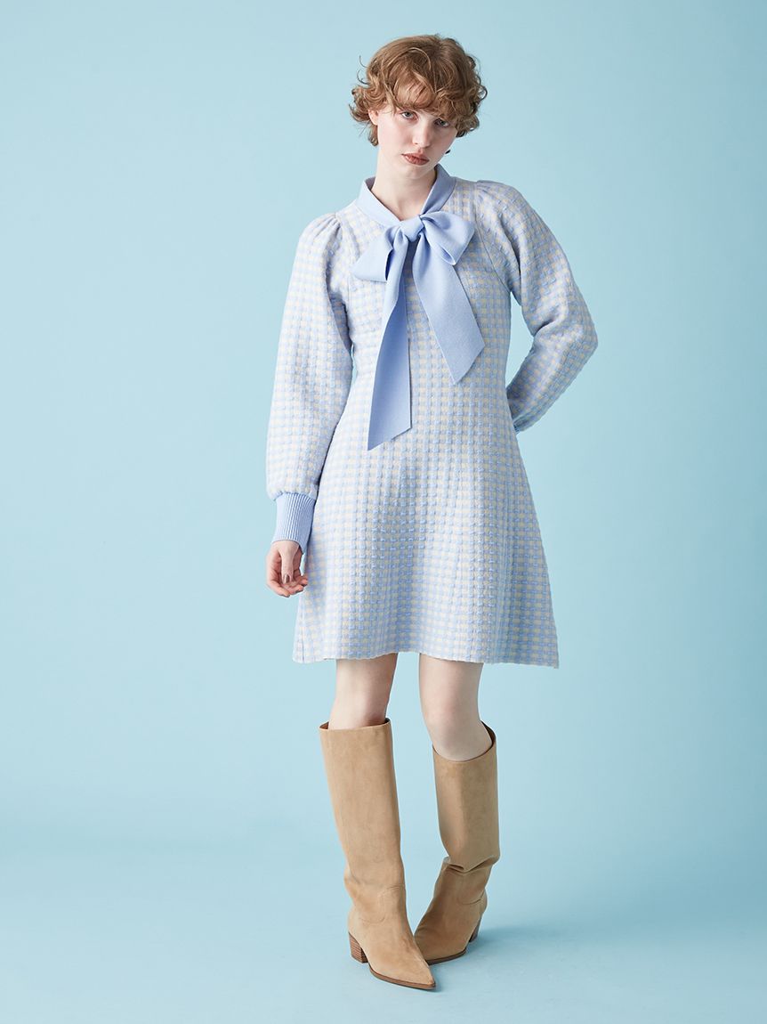 ボウタイギンガムニットワンピース(ニットワンピース)｜ワンピース