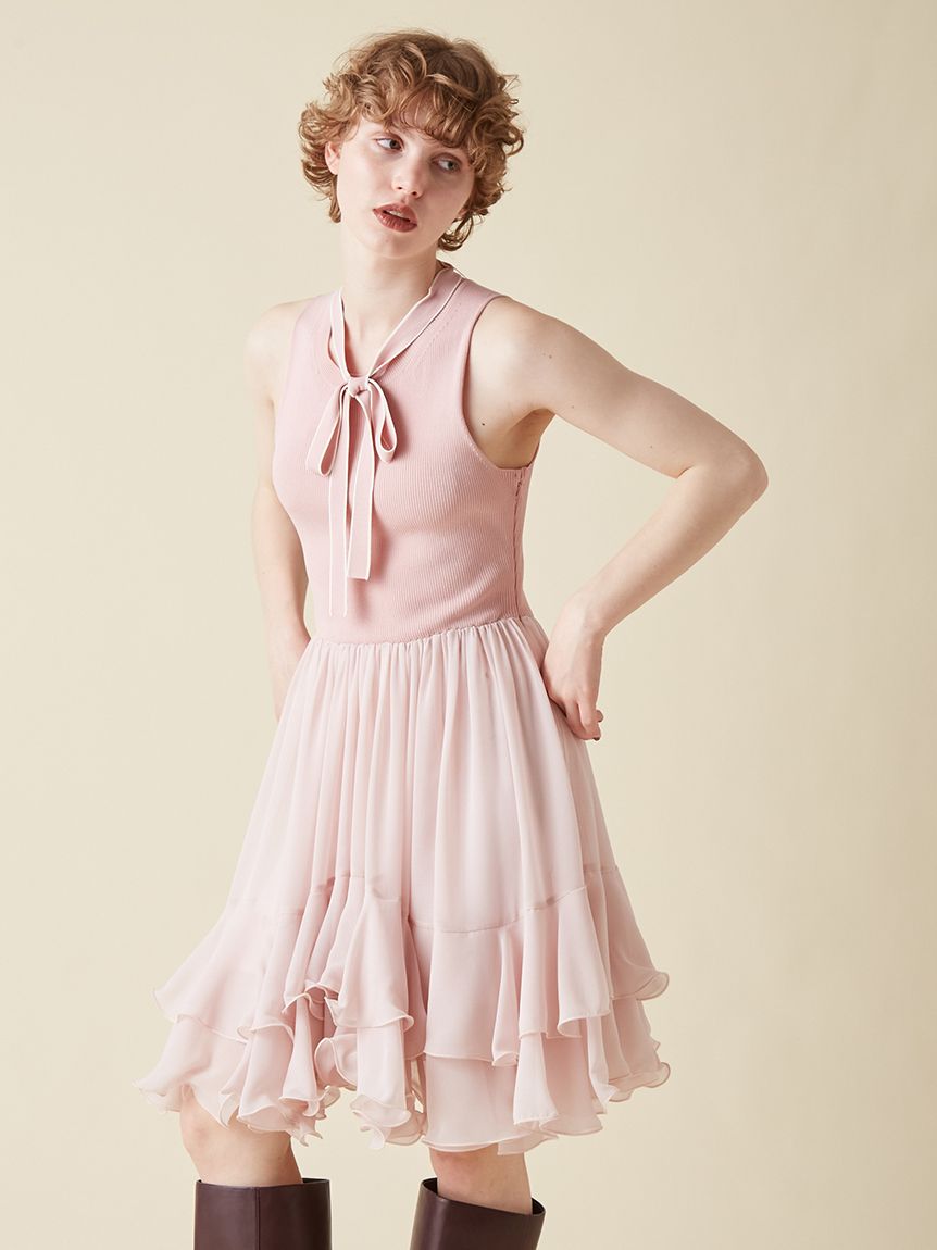 美品★FOXEY BOUTIQUE★ツートンカラータックスカートニットワンピース ツインセット》カーディガン×バイカラーニットワンピース【洗濯機洗い