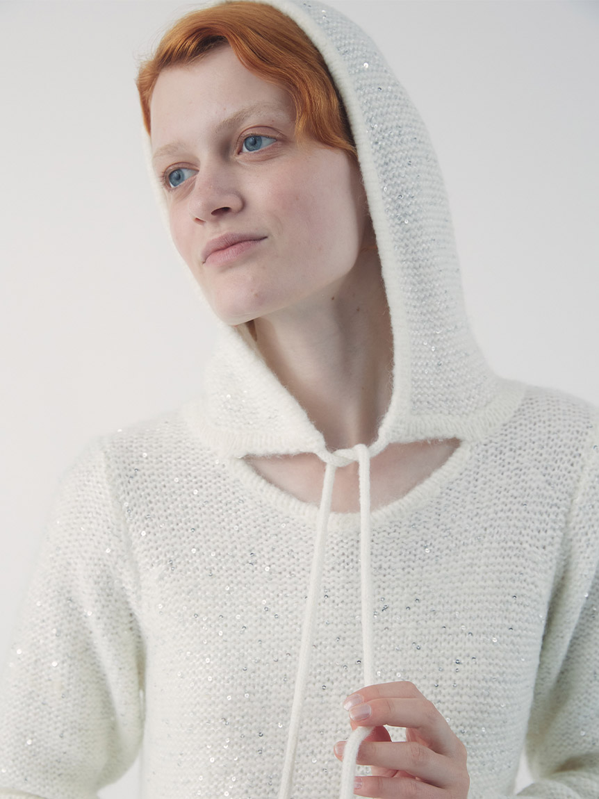 スパンコールニットフードワンピース(ニットワンピース)｜ワンピース