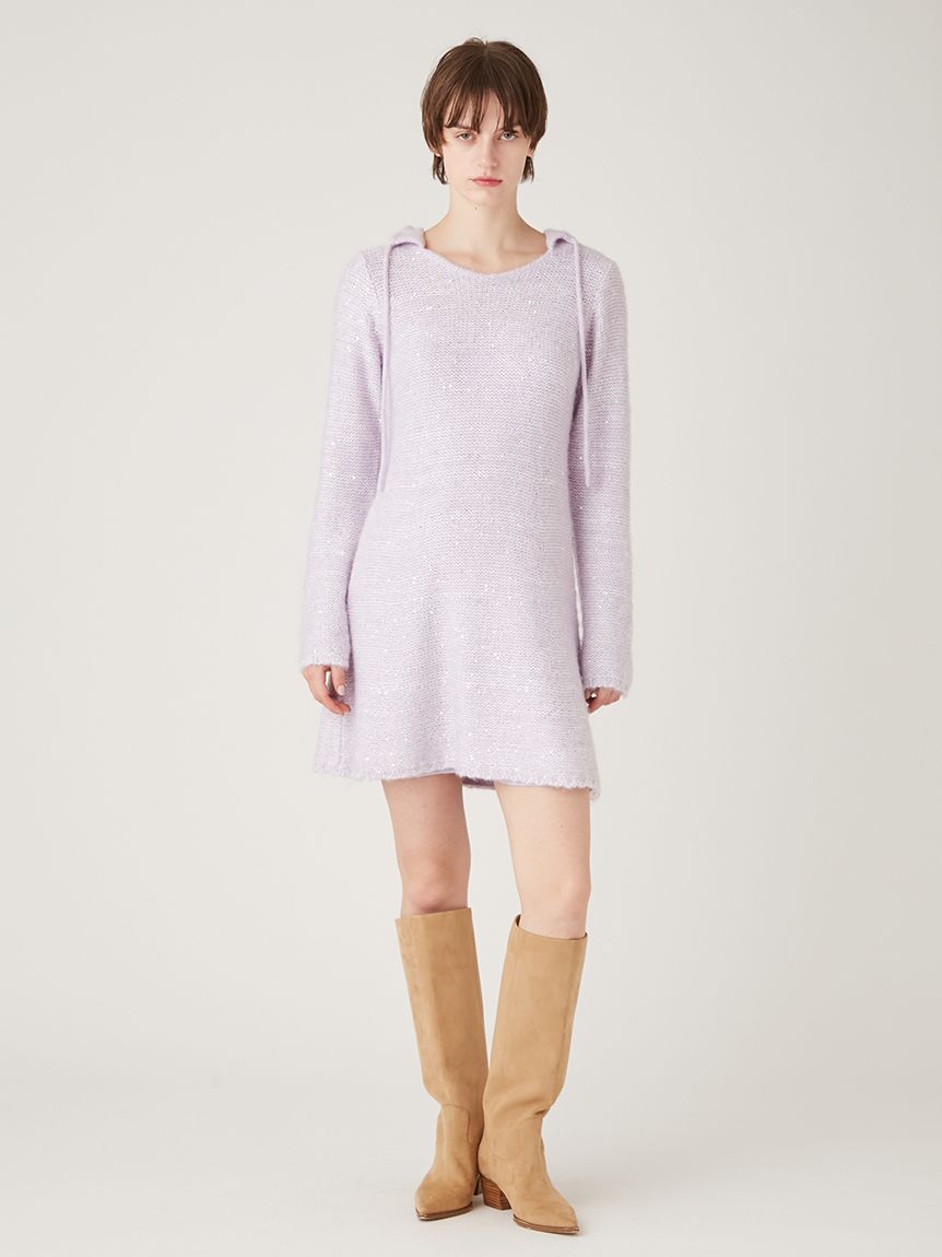 スパンコールニットフードワンピース(ニットワンピース)｜ワンピース