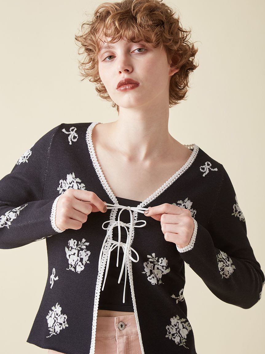 フラワーリボンジャガードカーディガン(ニット)｜トップス