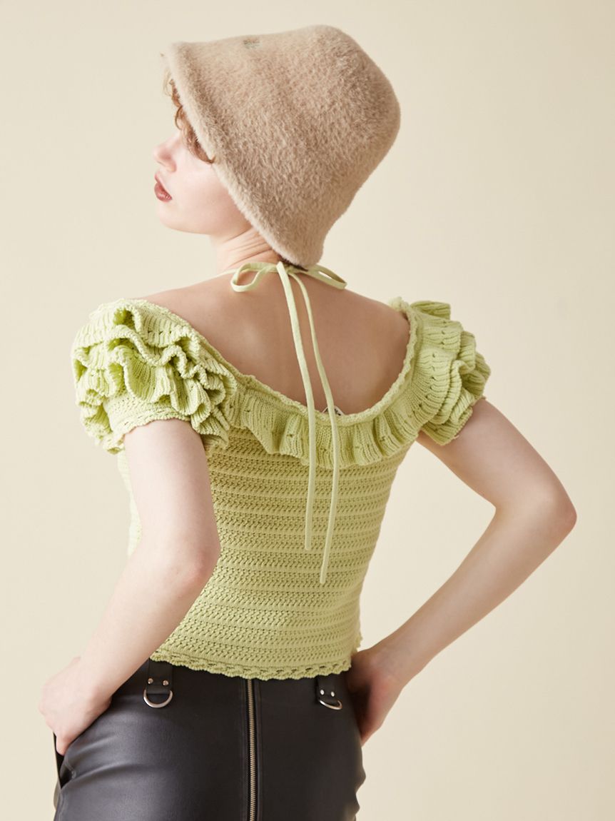 【新品定価23,100円】FURFUR イエローフリルレース半袖トップス フリルデザインニットトップス(ニット)｜トップス｜FURFUR