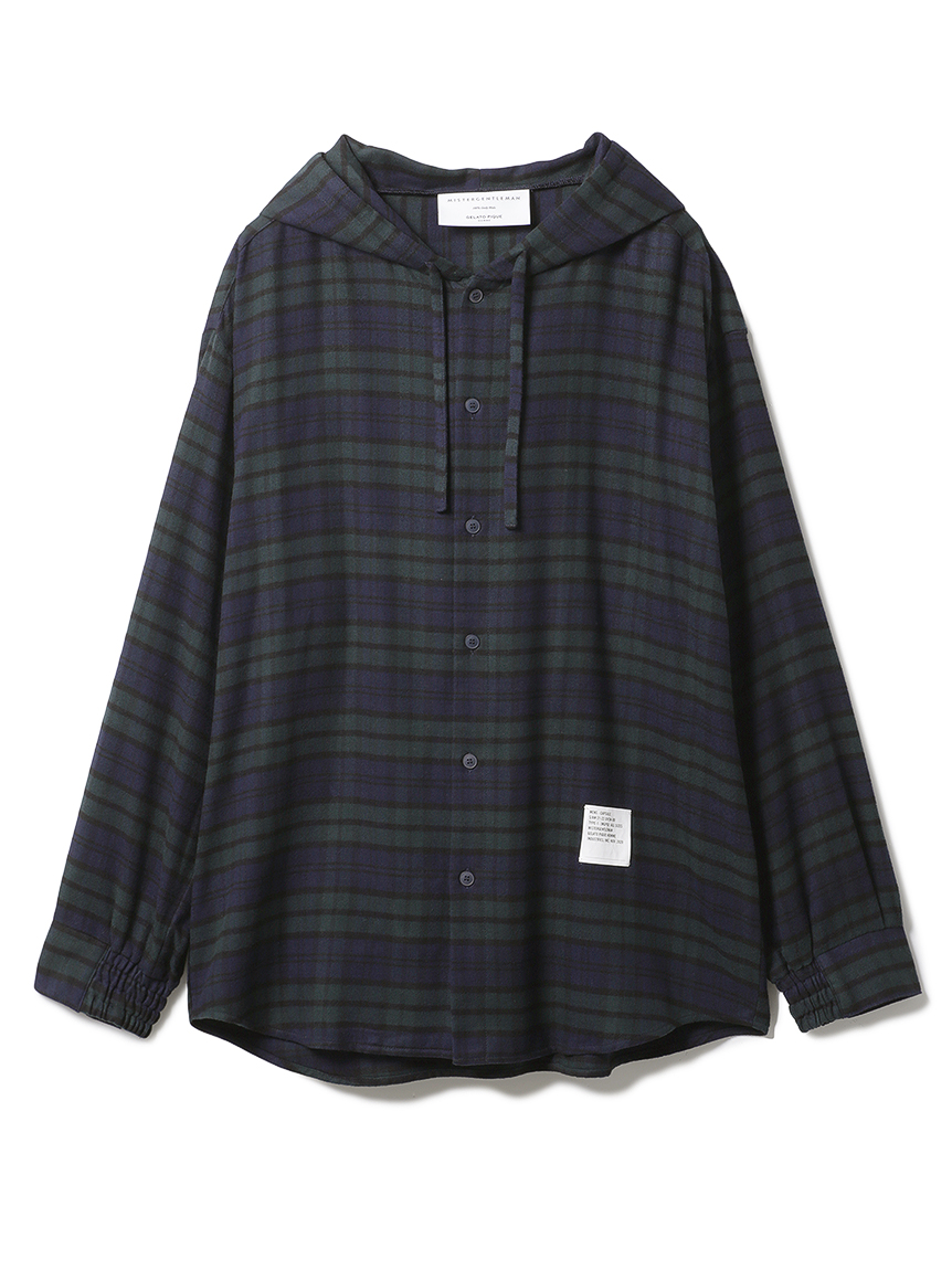 【MISTERGENTLEMAN×HOMME】FLANNEL BLACKWATCH HOODED LOUNGE SHIRT(NVY-M)