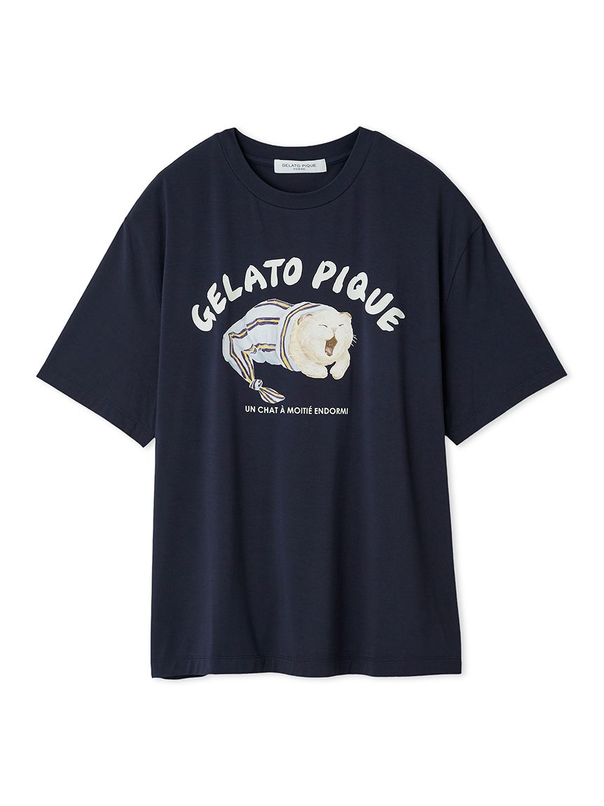 gelato pique 猫刺繍 ネイビー ルームウェア gelato pique（ジェラートピケ）の「【HOMME】メランジキャット