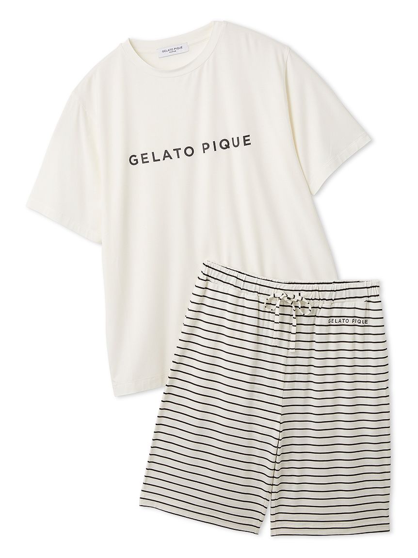 HOMME】レーヨンロゴTシャツ&ボーダーハーフパンツセット(カットソー