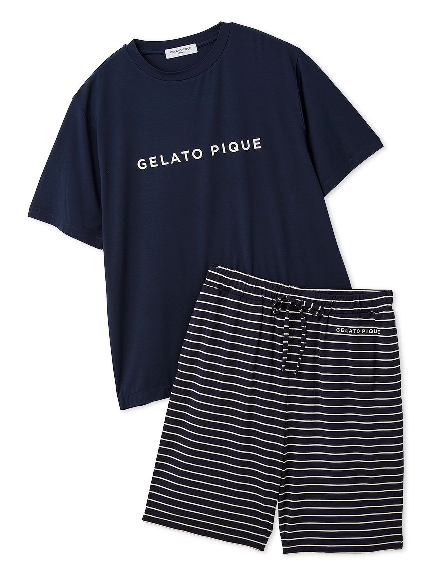 【新品タグ付き】ジェラートピケ gelato pique ルームウェア ネイビー HOMME】レーヨンロゴTシャツ&ボーダーハーフパンツセット(カットソー