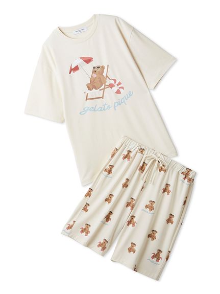 【GELATO PIQUE HOMMEサマーモチーフシャツ＆ハーフパンツSET ONLINE限定】【HOMME】【接触冷感】サマーベア柄ワンポイントTシャツ