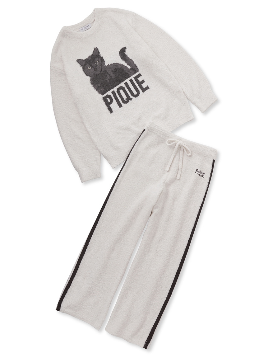 ルームウェア【新品】完売商品♬ジェラートピケ ねこ♡猫♡キャット サテンシャツ&ロングパンツ
