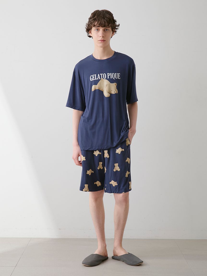 新品未使用【接触冷感】ベアワンポイントTシャツ&ストライプショートパンツ ピンク ONLINE限定】【接触冷感】ベアワンポイントTシャツ&ストライプ