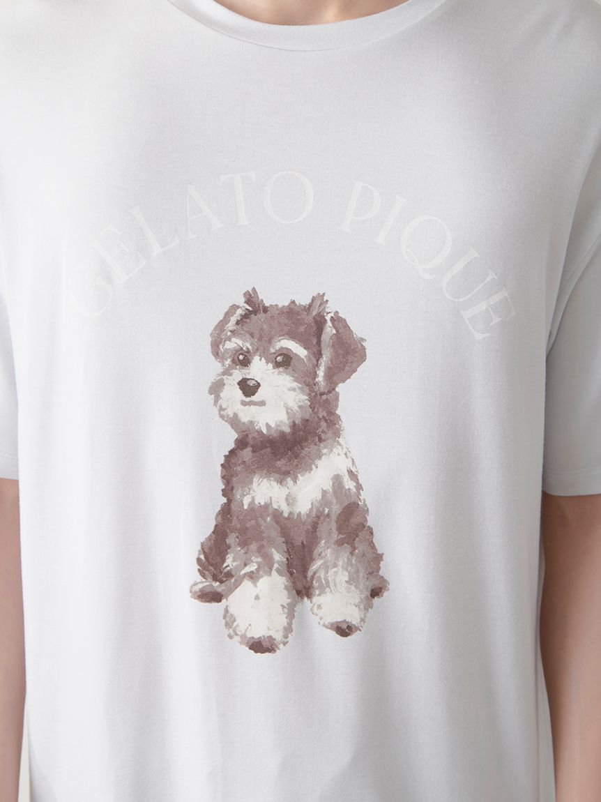 ① ジェラートピケ　シュナウザーワンポイントTシャツ&ロングパンツ　ライトグレー ② ジェラートピケ シュナウザーワンポイントTシャツ&ロングパンツ