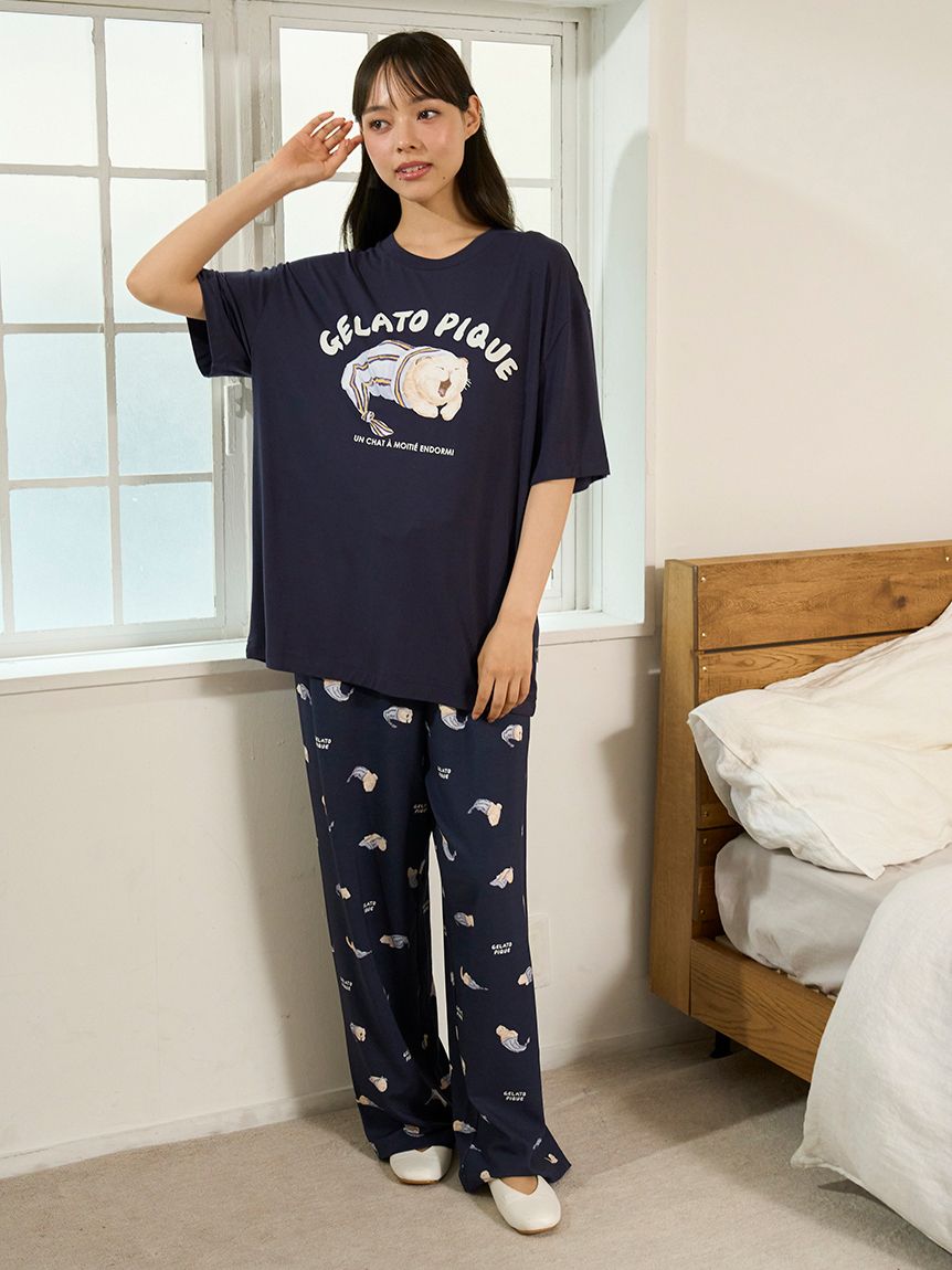 ONLINE限定】【HOMME】sleeping cat ワンポイントTシャツ＆総柄ロング