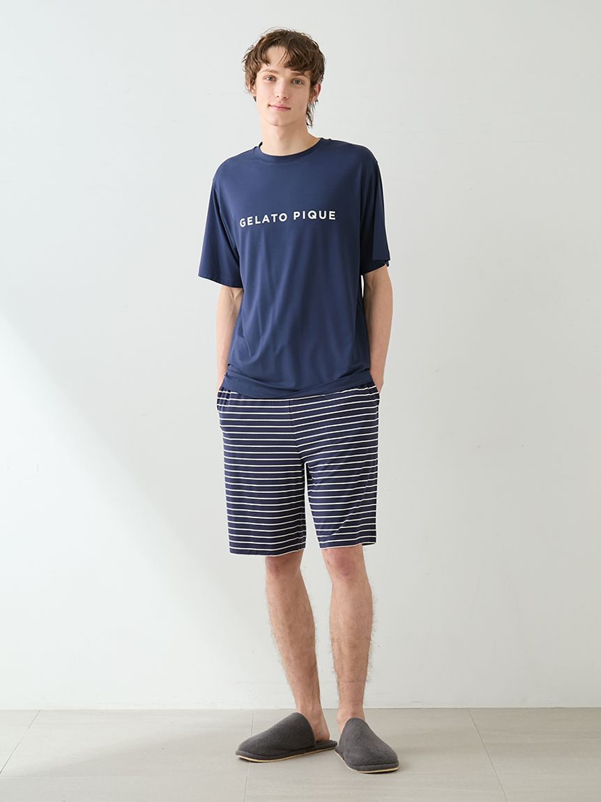HOMME】レーヨンロゴTシャツ&ボーダーハーフパンツセット(カットソー