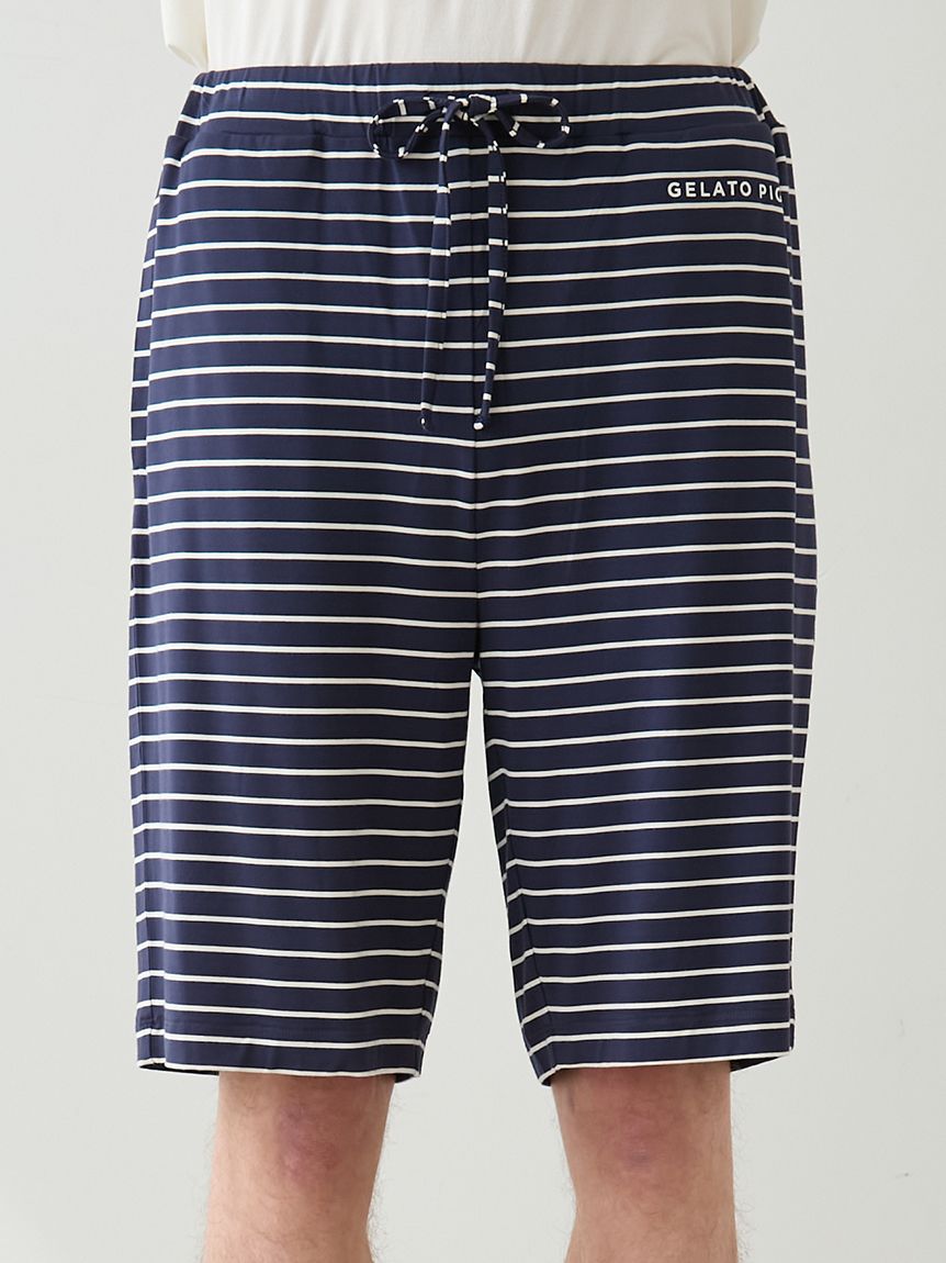 HOMME】レーヨンロゴTシャツ&ボーダーハーフパンツセット(カットソー 