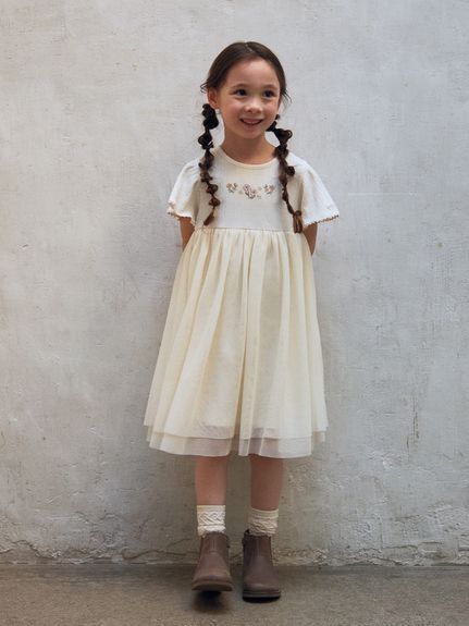 リブフラワー刺繍チュールワンピース／オーガニックコットン