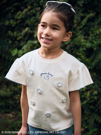 【HELLO KITTY】ニットモチーフ付き半袖Tシャツ／オーガニックコットン