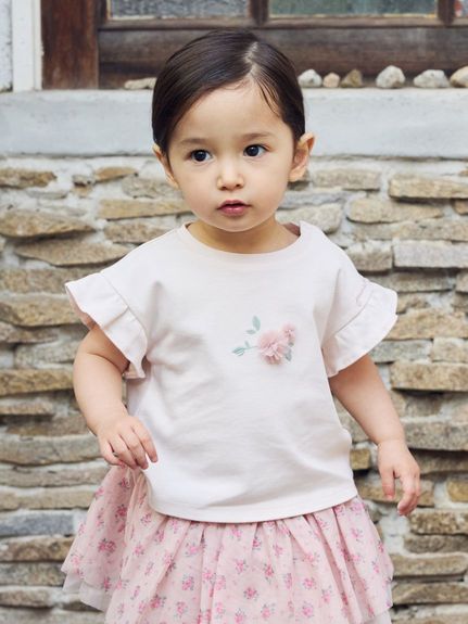 フラワーパターンチュールモチーフTシャツ