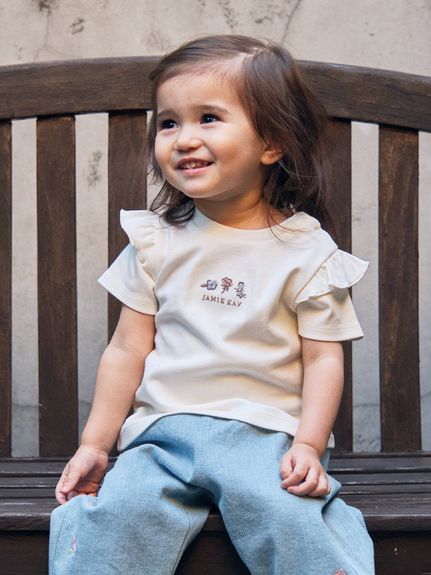 フラワー刺繍フリル半袖Tシャツ／オーガニックコットン