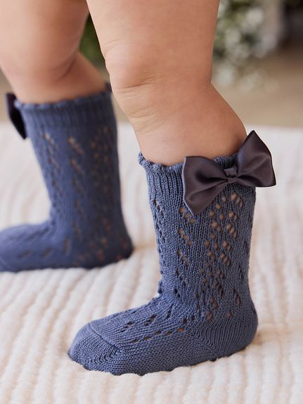 【ベビー＆キッズ】リボンハイソックス Milk/Bastille（7～16cm）