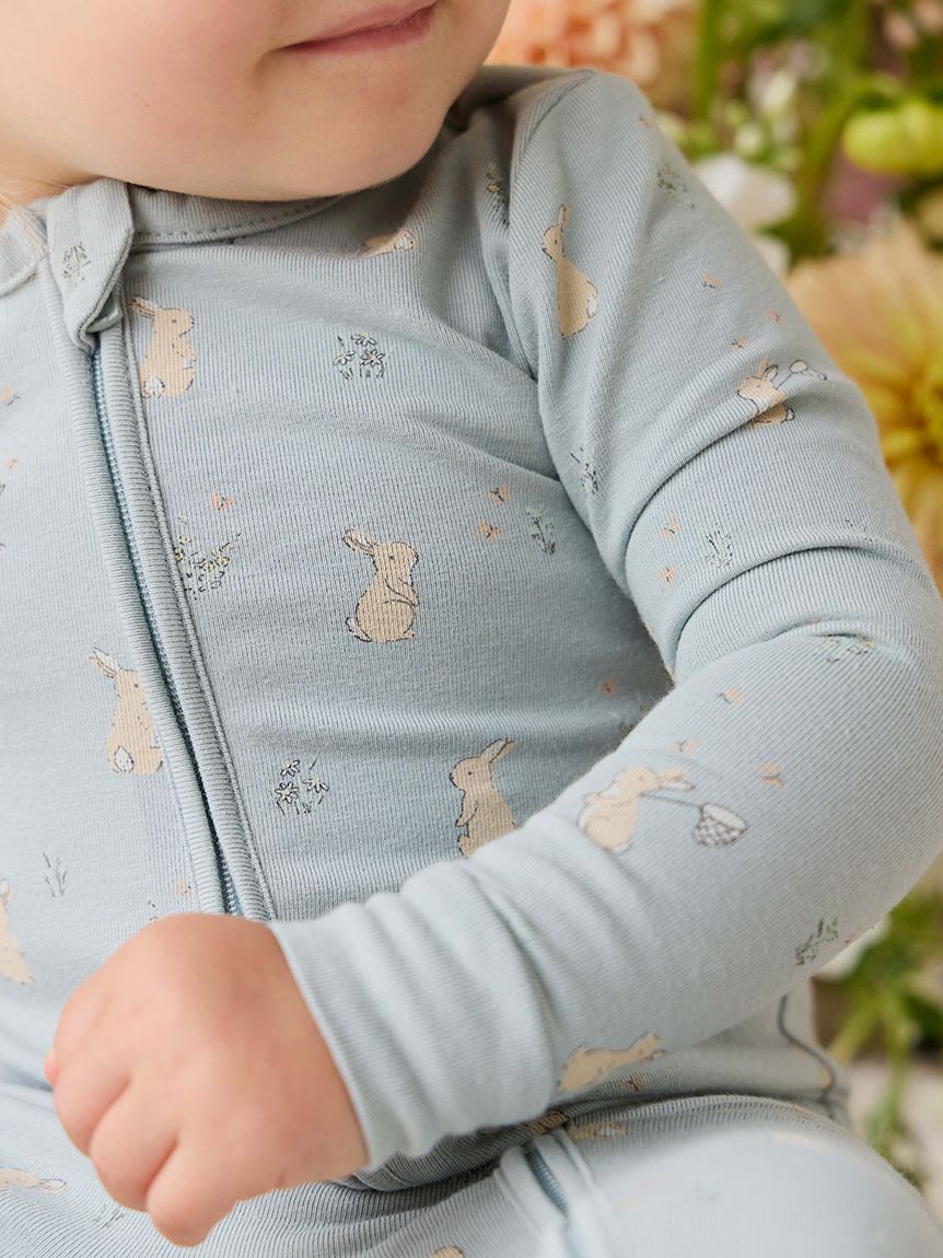 長袖前あきロンパース Lapin Jardin Blue／オーガニックコットン(洋服