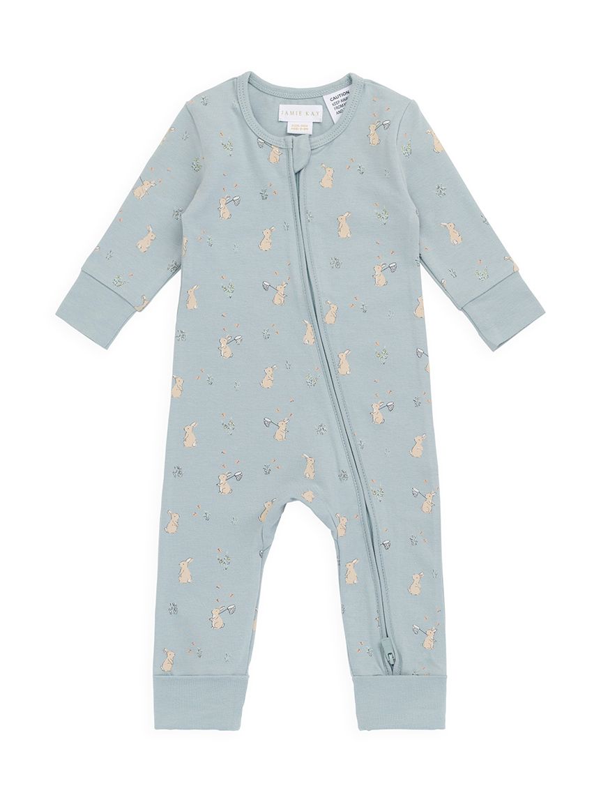 長袖前あきロンパース Lapin Jardin Blue／オーガニックコットン(洋服