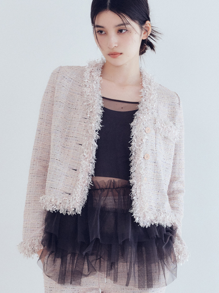 LILY BROWN ネイビー ツイード フリンジジャケット&スカートセット LILY BROWN ネイビー ツイード フリンジジャケット&スカート