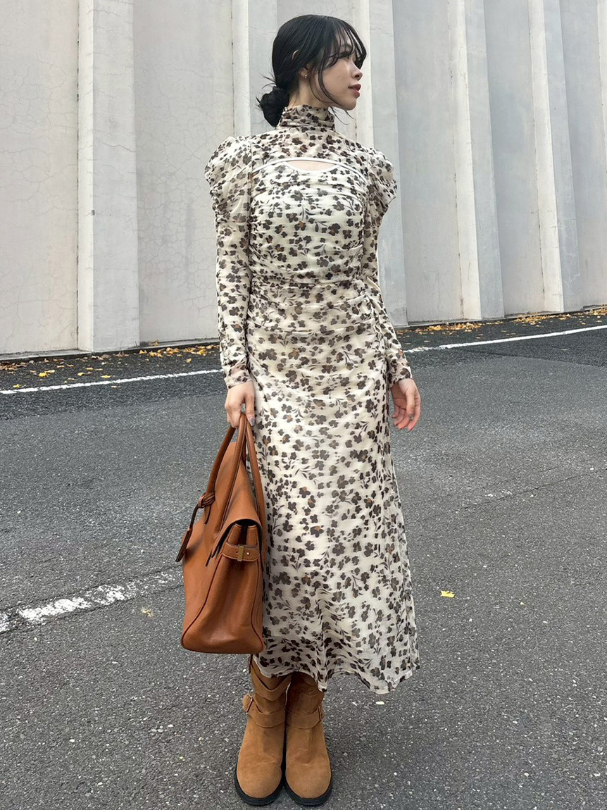 カッティングチュールプリントワンピース(マキシ・ロングワンピース