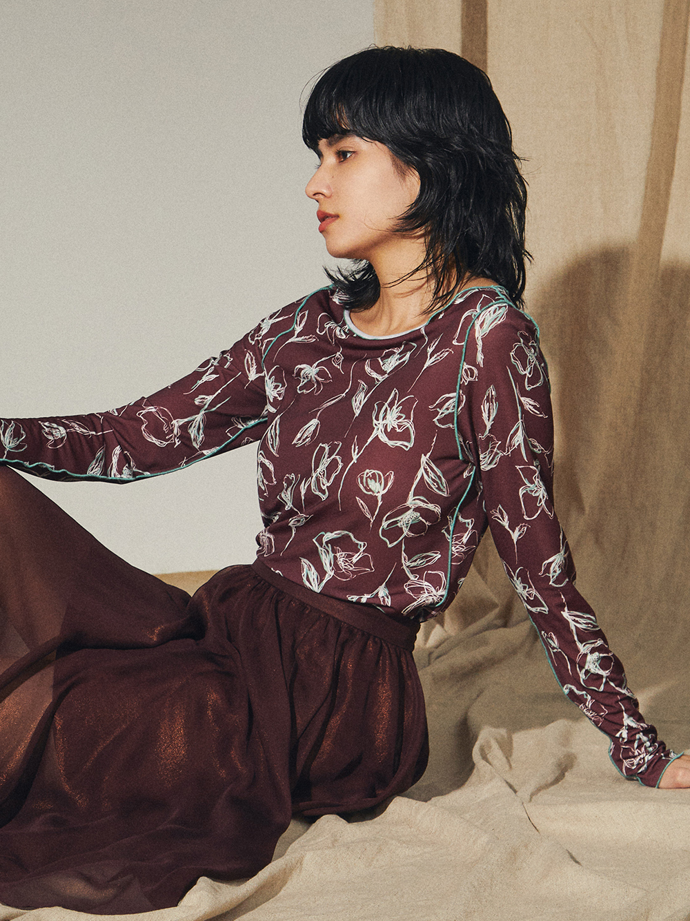 ライン花柄カットトップス