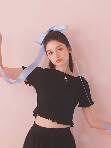 シャーリングリボンクロップドトップス(Tシャツ・カットソー  
