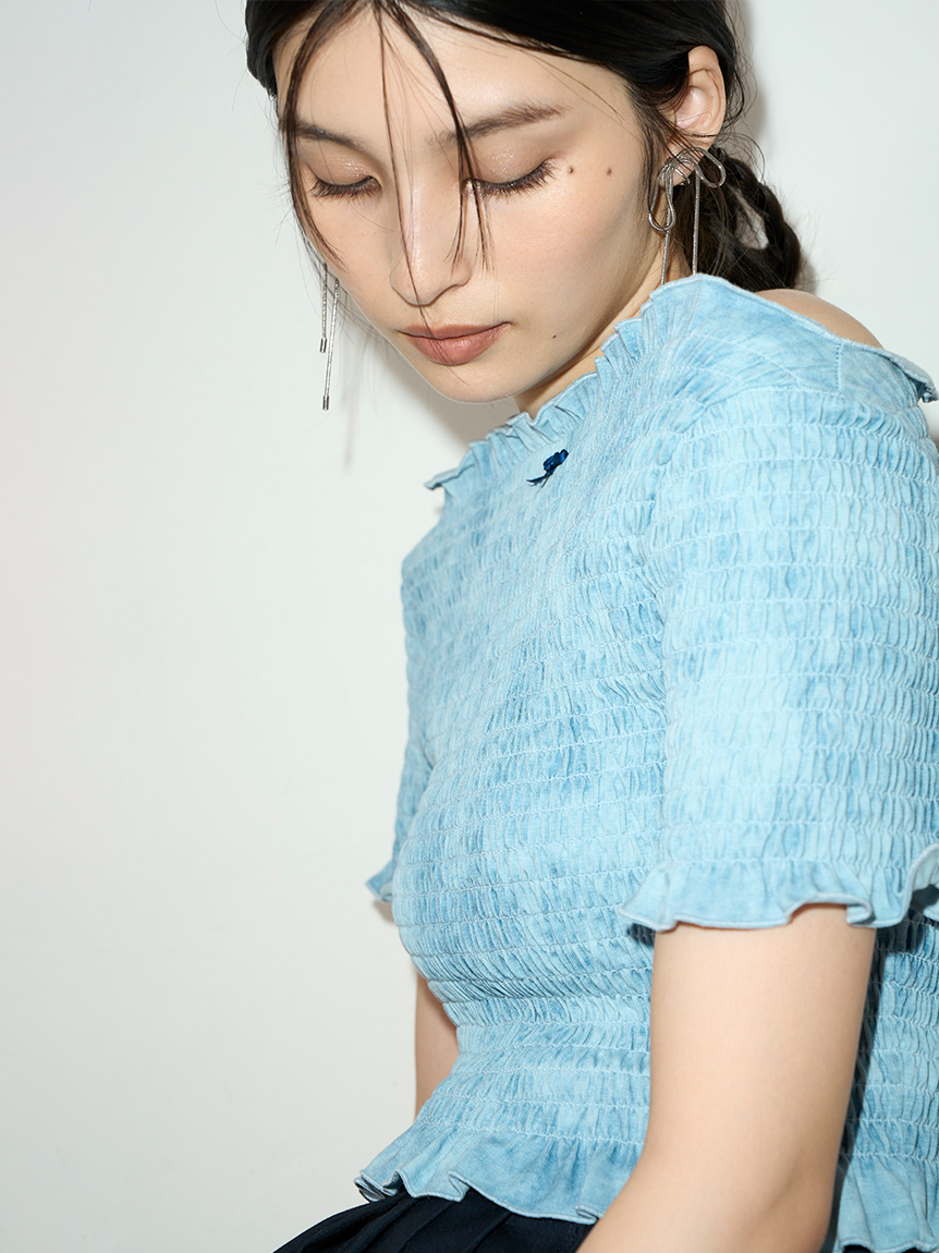セール】シャーリングリボンクロップドトップス（Tシャツ