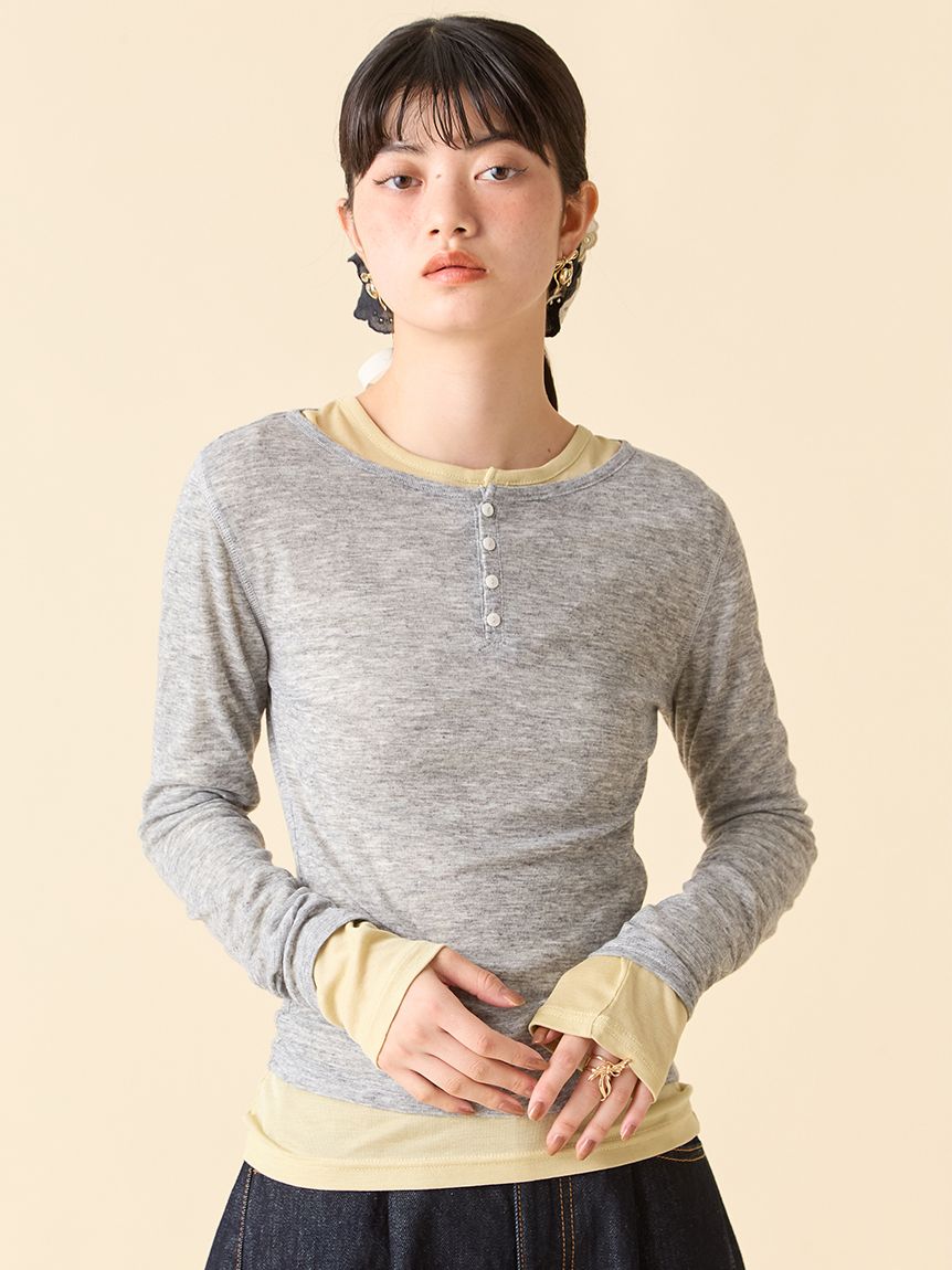 ウールブレンドヘンリーレイヤードトップス(Tシャツ・カットソー