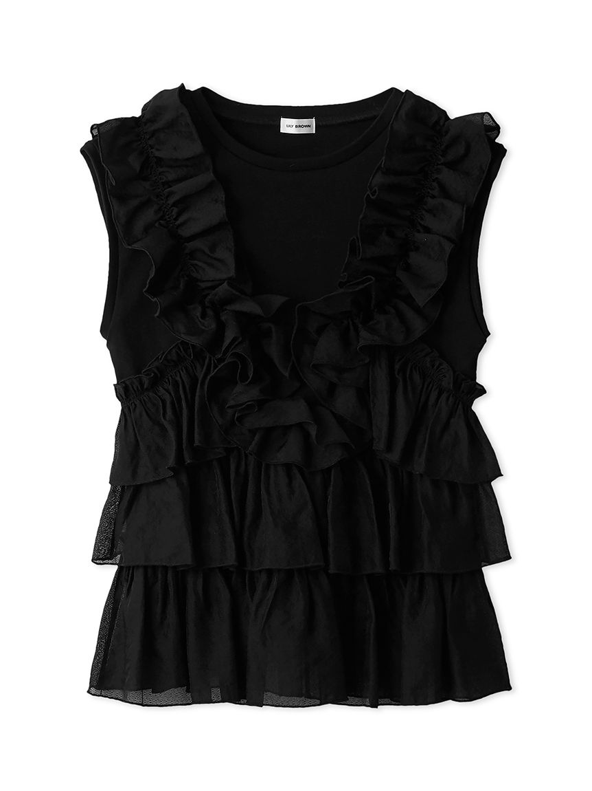 【美品】フリルスリーブ2wayドッキングスウェット ブラック L LILY BROWN ワンピース 2WAYフリルドッキングニットワンピース