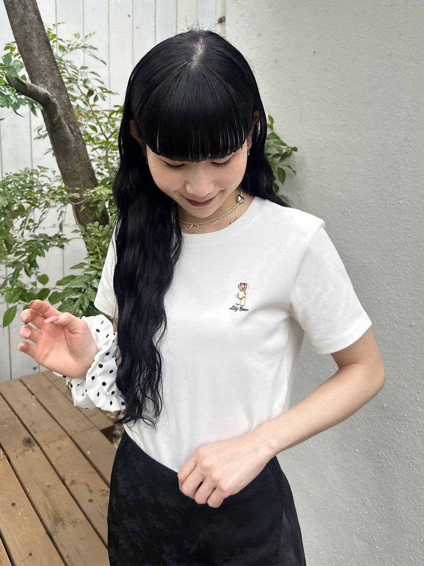 リリーブラウン、異素材Tシャツ❤️ブラック❤️ Lily Bear】コンパクトTシャツ(接触冷感)(Tシャツ・カットソー