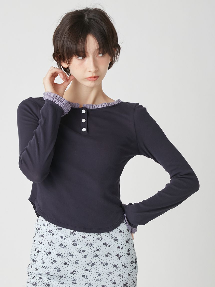 バックオープンヘンリーネックカットトップス(Tシャツ・カットソー