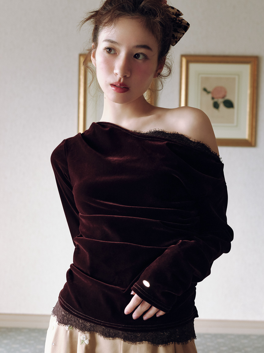 レースコンビフロッキードレープトップス(Tシャツ・カットソー)｜TOPS