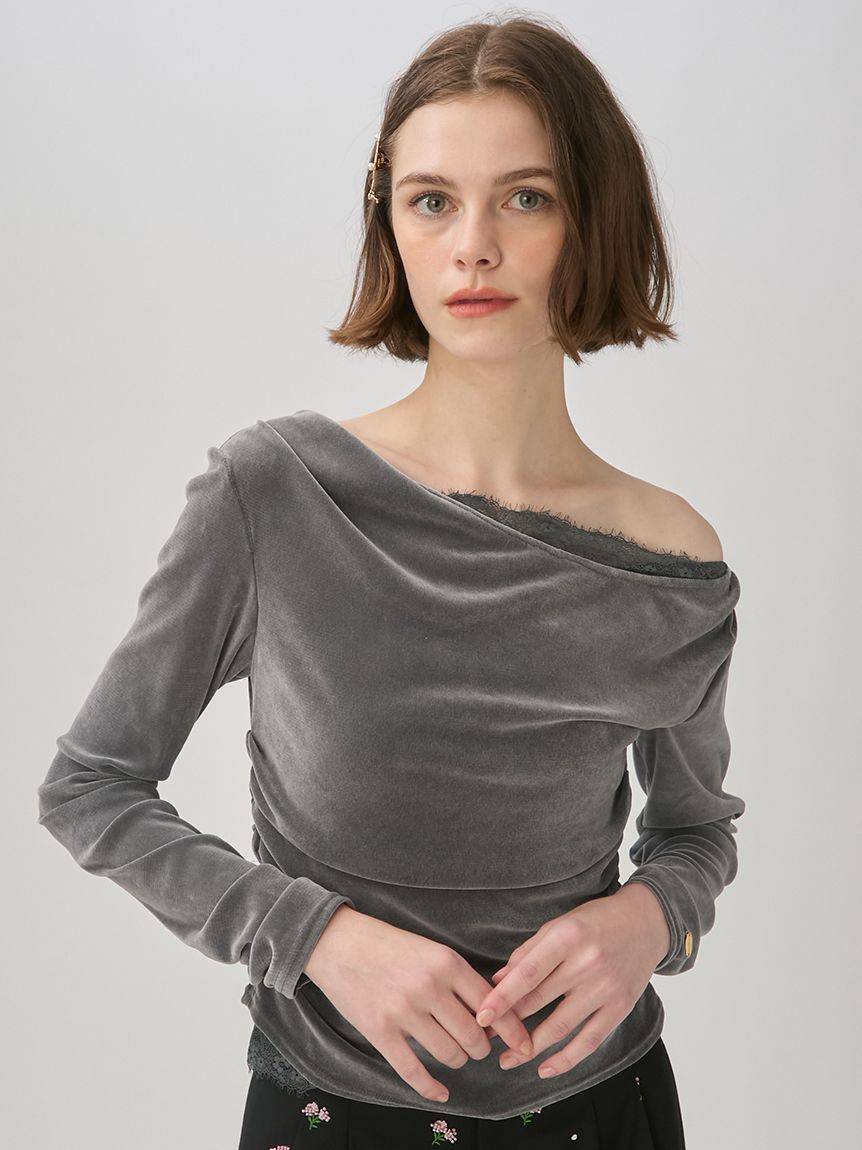 レースコンビフロッキードレープトップス(Tシャツ・カットソー)｜TOPS