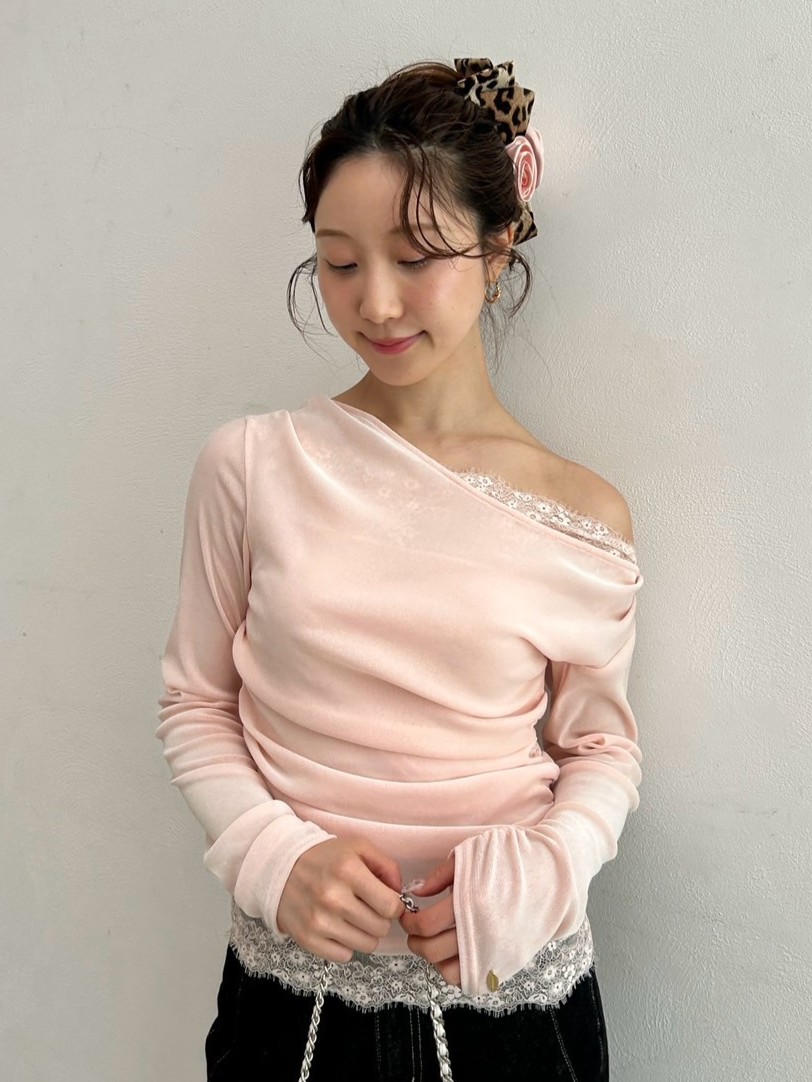 レースコンビフロッキードレープトップス(Tシャツ・カットソー)｜TOPS