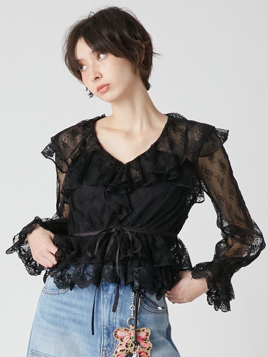 00s 希少 TRALALA 肩リボン&はしごリボンレースアップフリルカットソー リボンストラップヨークフリルカットソー（カットソー・Tシャツ｜オフ