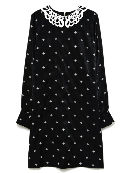 レースカラー長袖ミニワンピース