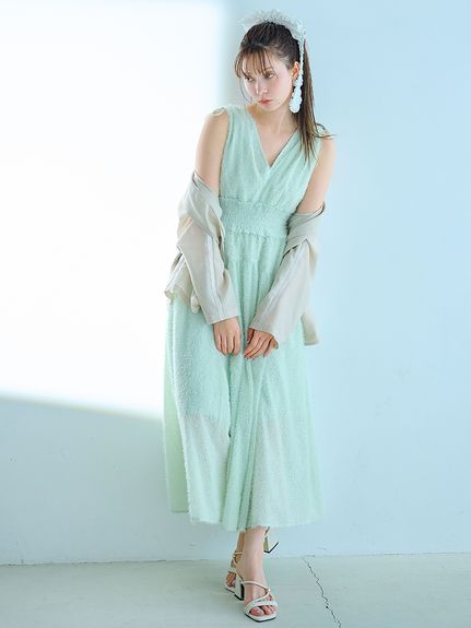 WEB限定00サイズ】フリンジジャガードシャーリングワンピース
