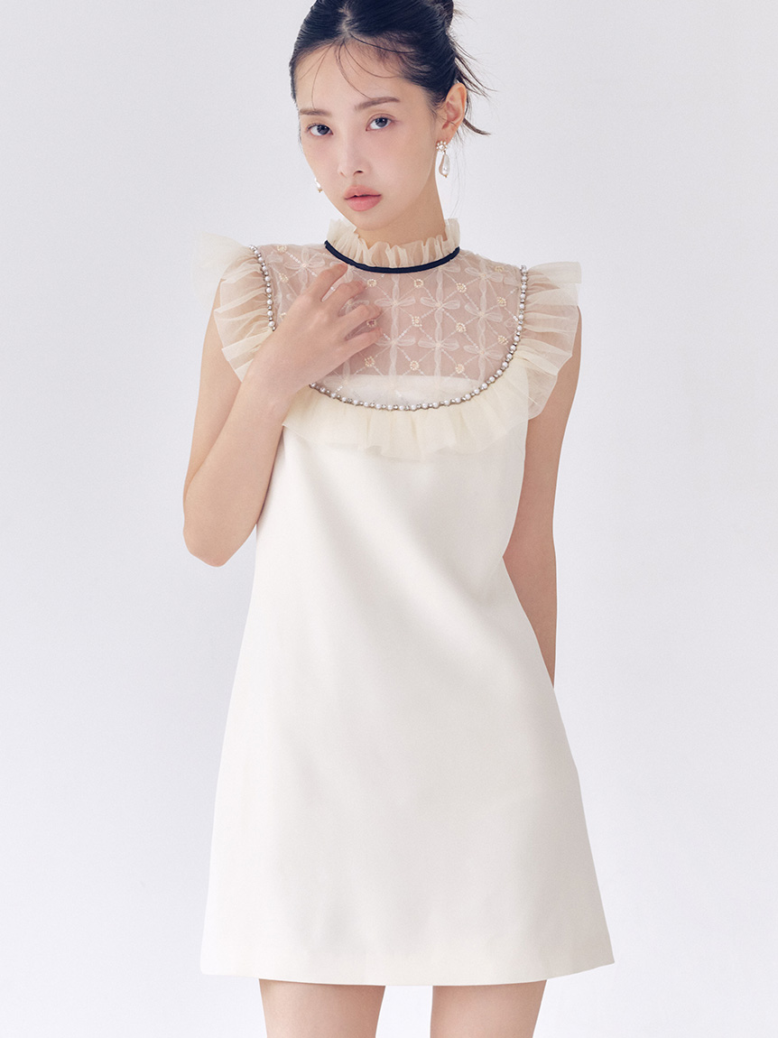 L.B CANDY STOCK]チュールドッキングビジューミニワンピース