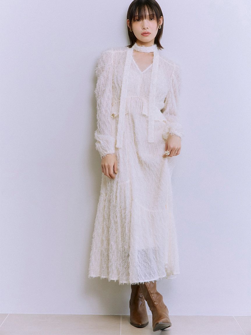 WEB限定00サイズ】ボウタイ付きフリンジジャガードペプラムワンピース