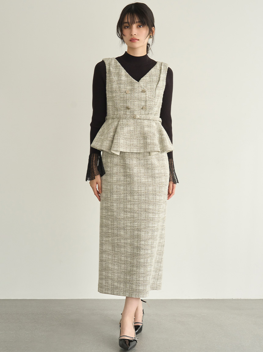 ダブル釦ツイードペプラムワンピース(マキシ・ロングワンピース