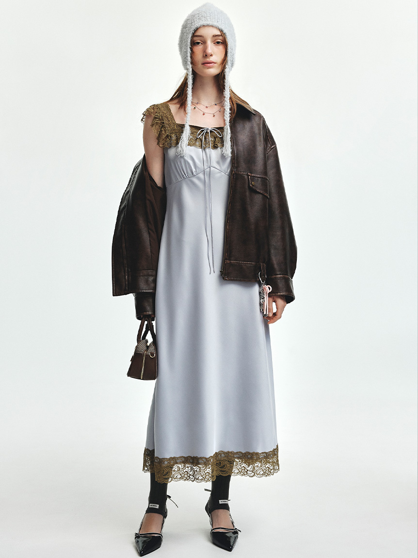 ヴィンテージレーストリムサテンロングドレス(マキシ・ロング